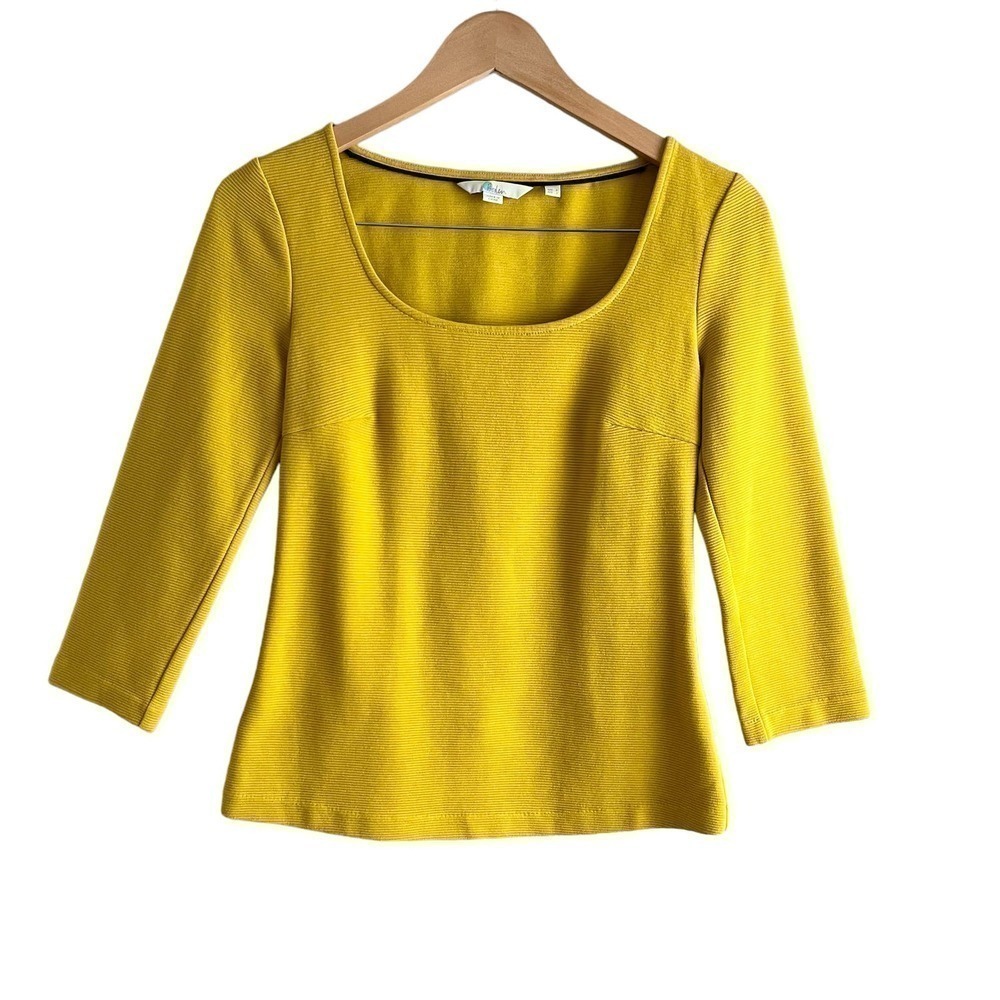 Boden Tilly Ottoman Ribbed 3/4 Sleeve Top in Yellow Cotton Blend, Size 2